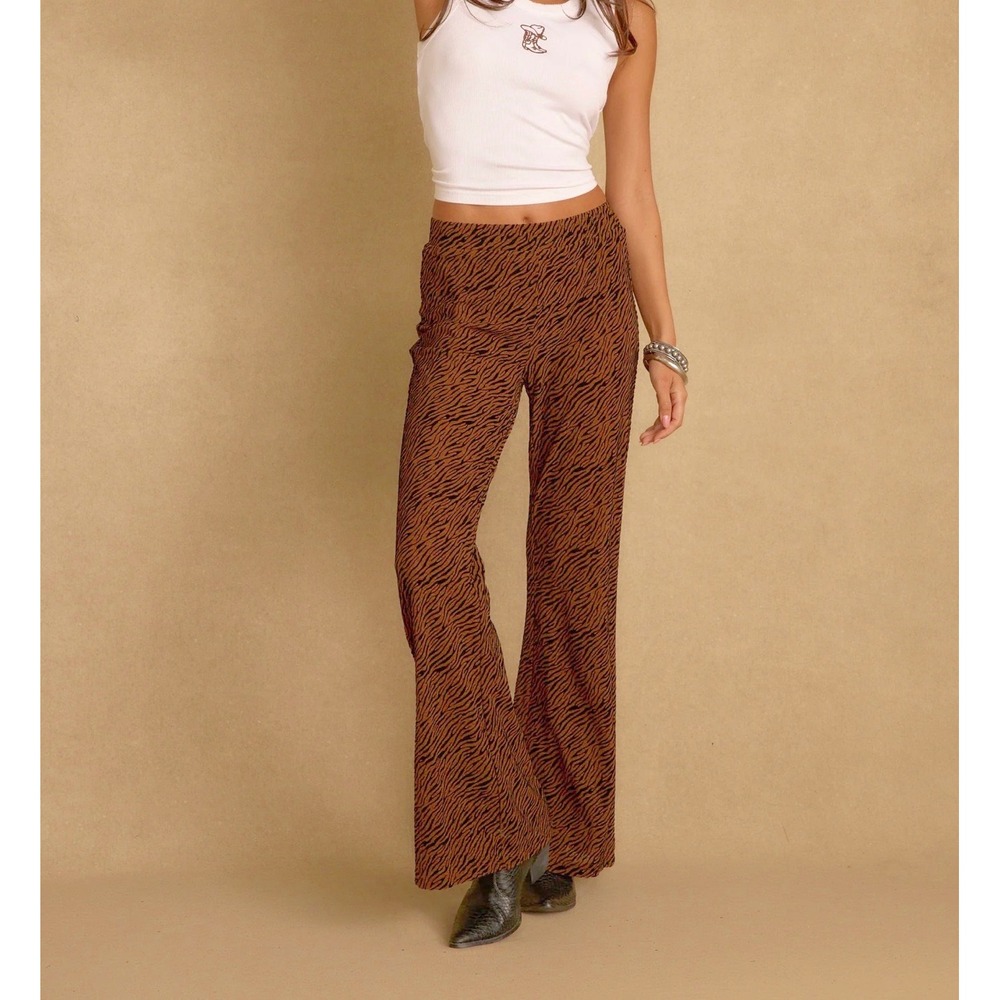 12th Tribe Animal Print Flare Pants Womens Small NWT Brown Zebra Hippie Festival
